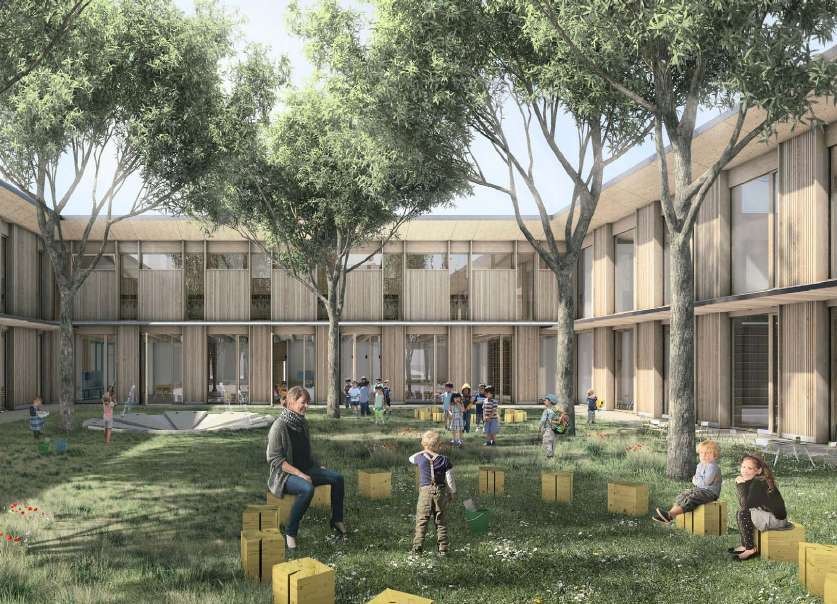 Groupe scolaire, vue perspective de la cour