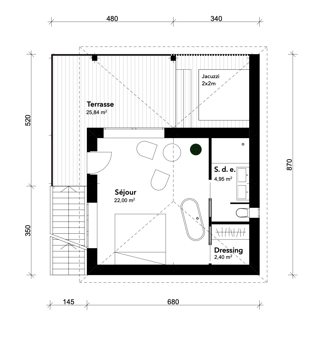 Plan d’une chambre d’hôte : séjour, terrasse, salle d’eau, dressing